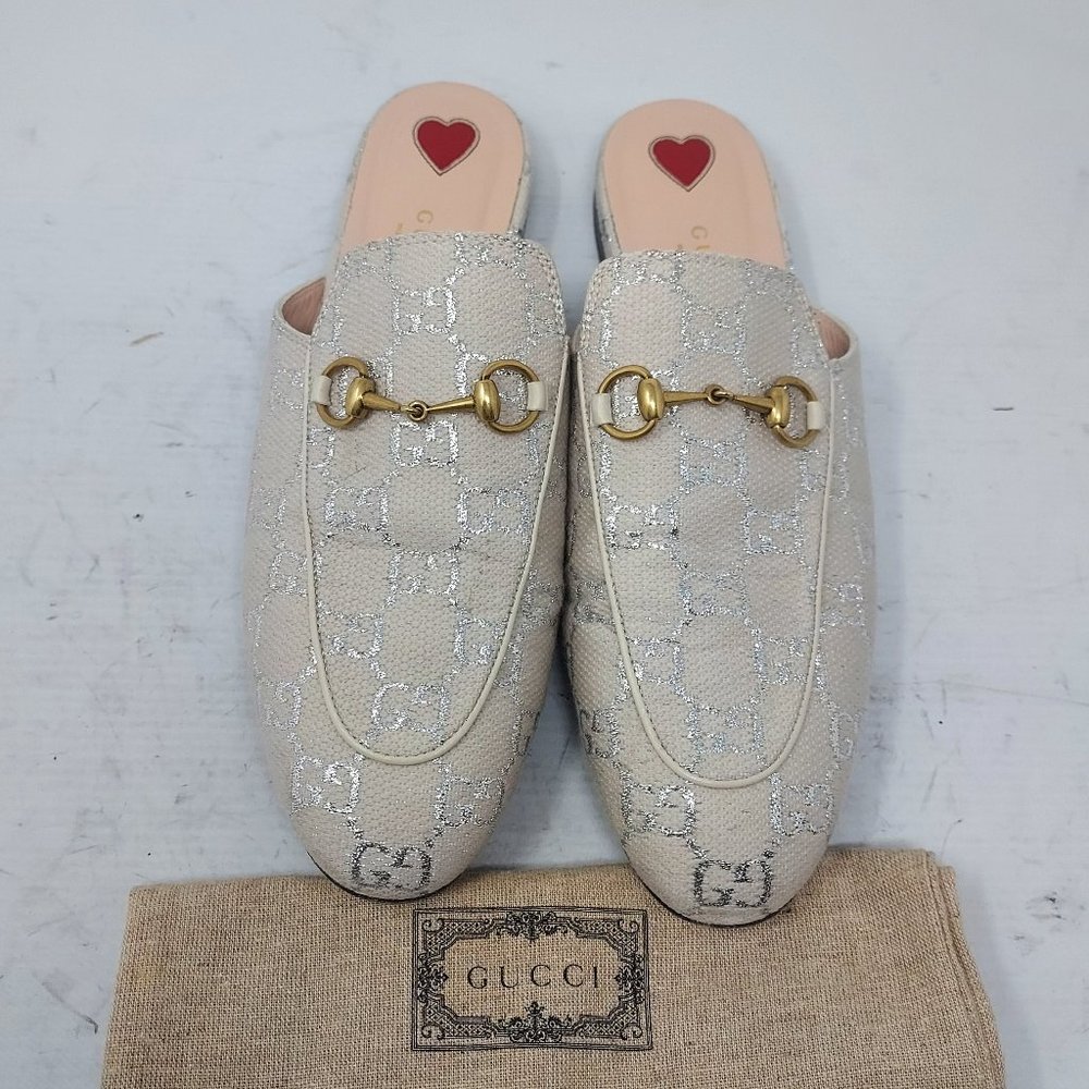 Gucci Cream and Silver Mules with Gold Detail